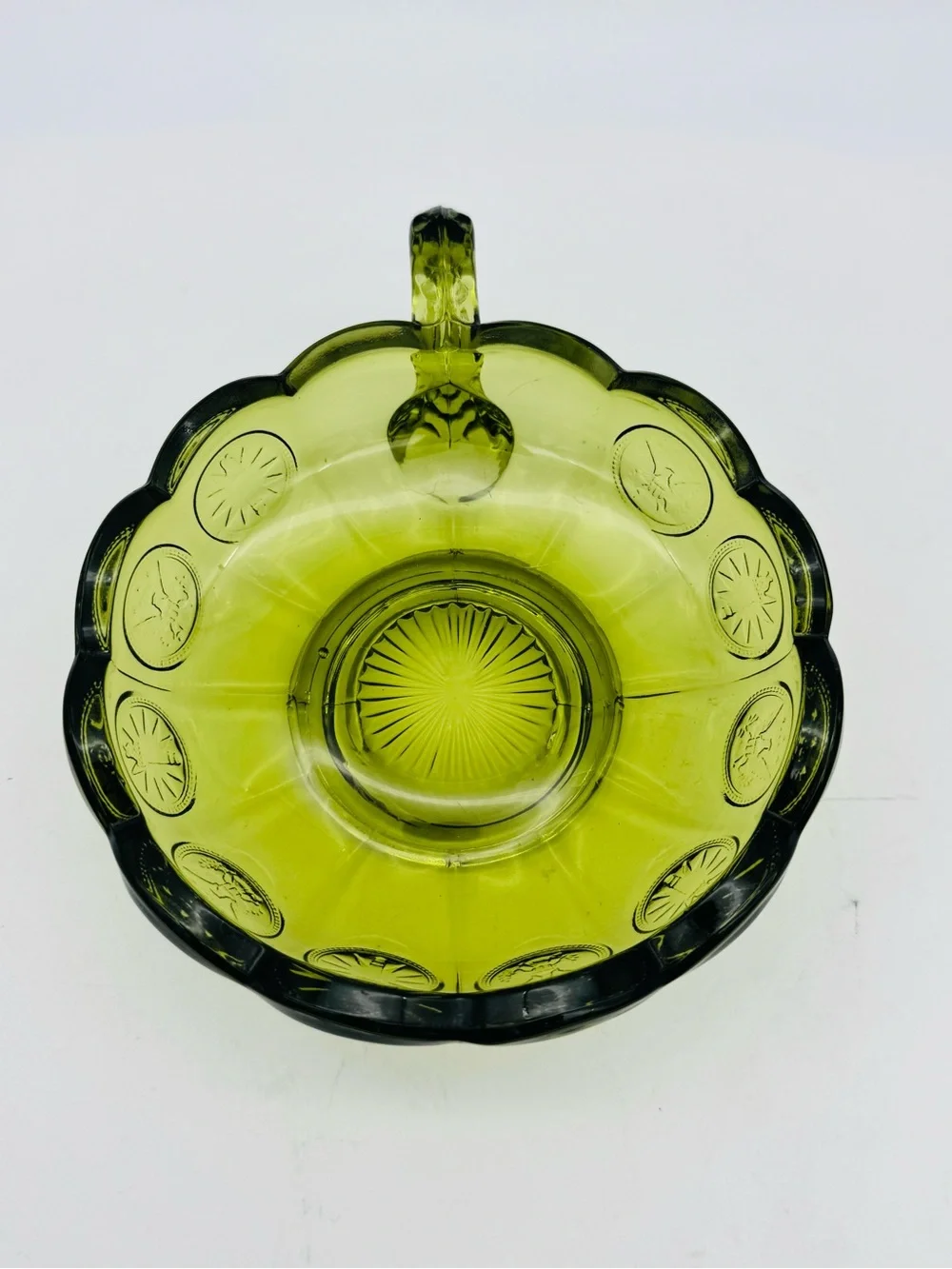 Vintage Fostoria Coin Glass Handled Nappy, Olive Green